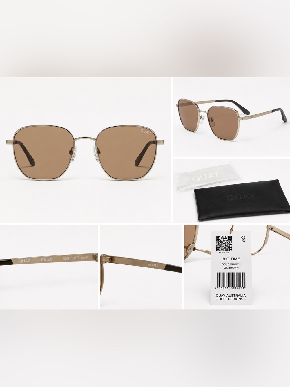 Quay Australia Big Time Sunglasses | Brushed Silver/Tan | New